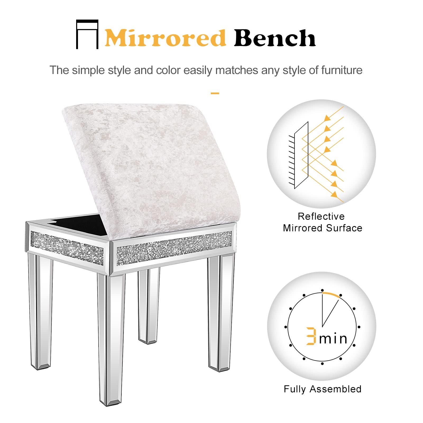 Mirrored Vanity Stool w/ Storage, Upholstered Velvet Ottoman, Makeup Table Bench