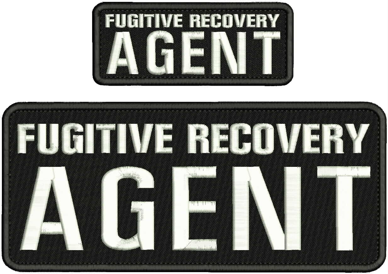 2 Fugitive Recovery Agent EMB Patches 10X4 And 5x2 Velcr@ On Back White On Blk