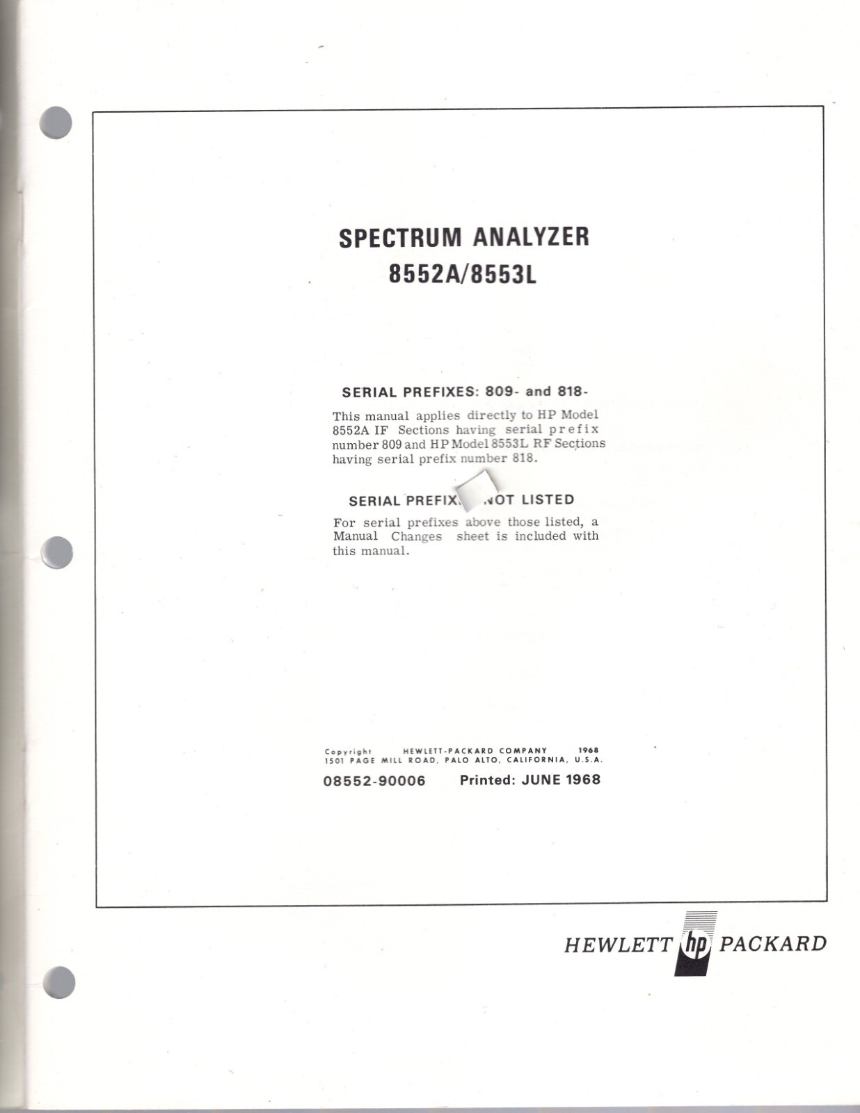 Genuine Original Hewlett Packard 8554L/8552A Spectrum Analyzer Operating Manual
