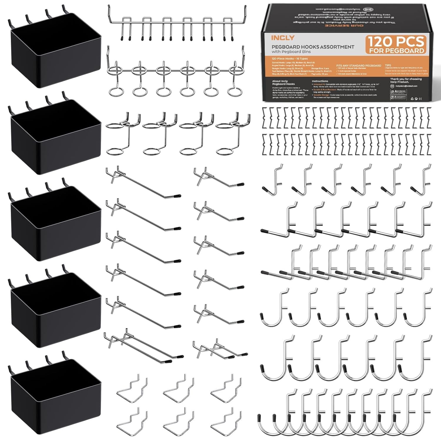 Pegboard Organizer Kit 120PCS with Hooks Bins and Storage Accessories