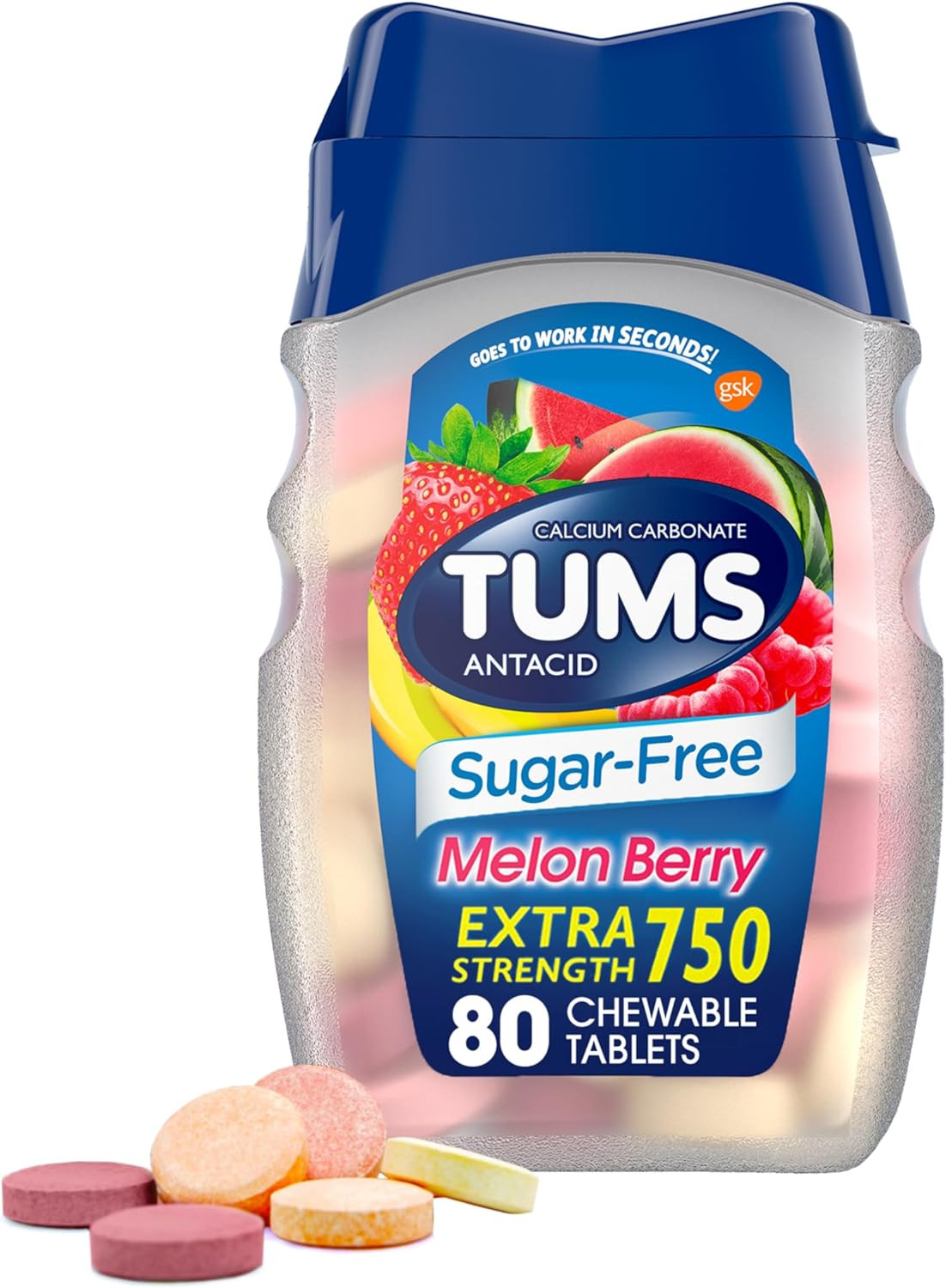 Extra Strength Chewable Sugar Free Antacid Tablets for Heartburn Relief, Melon B