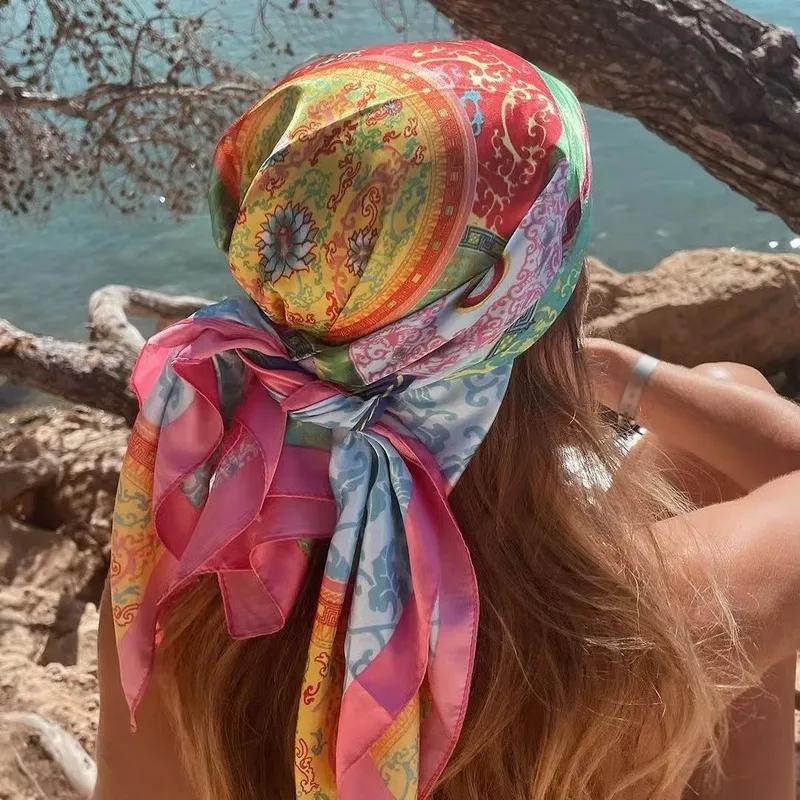 Fashion Square Silk Scarf Women Luxury Brand Satin Print Hijab Scarves Pareo Ban