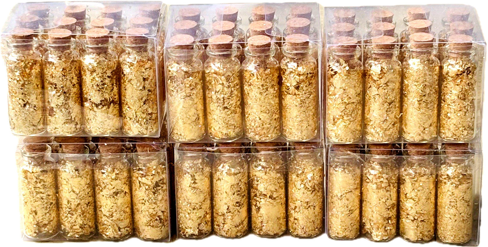 LOT X 10 LARGE 30 ML GLASS JARS OF GOLD LEAF FLAKES WITH CORK