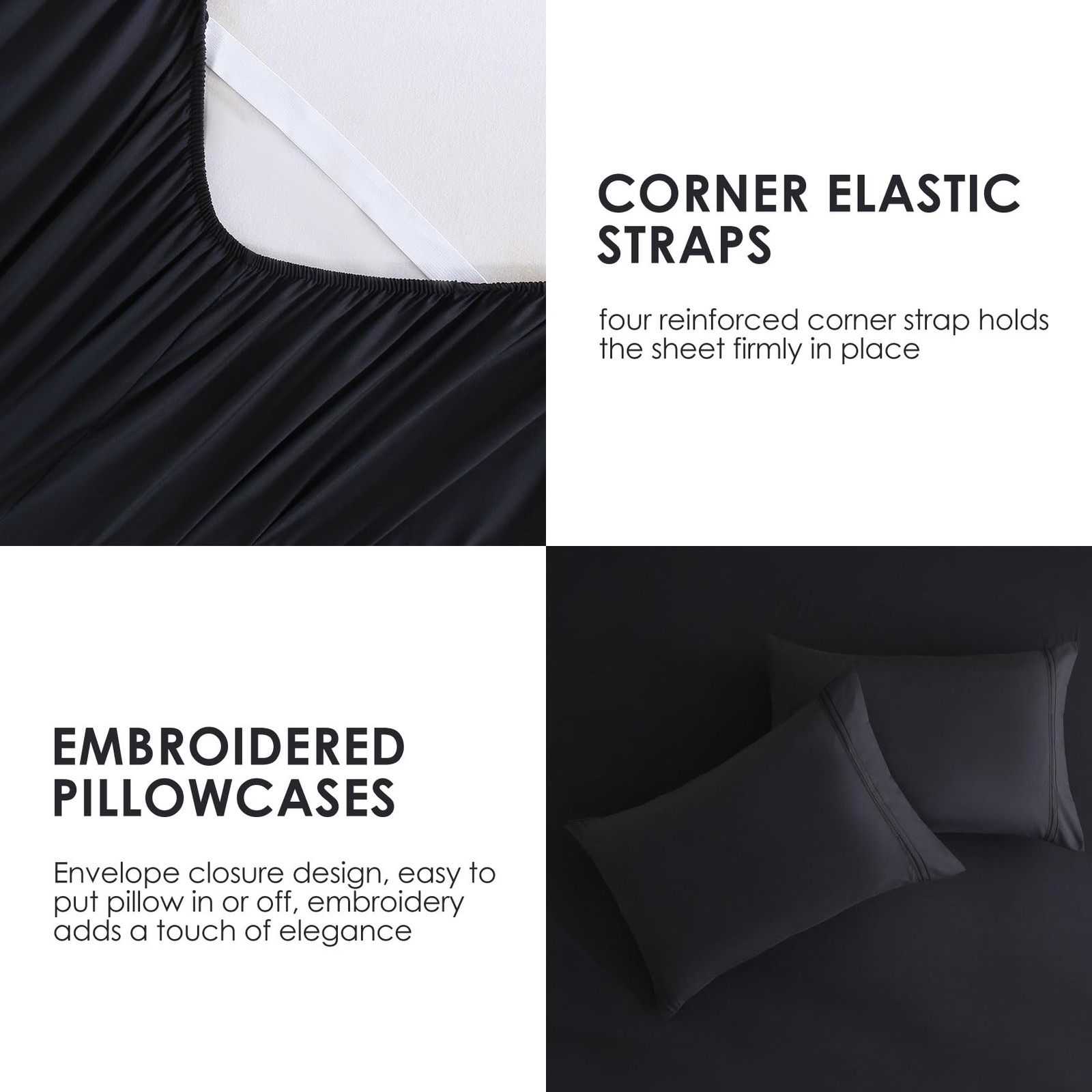 JSD Black King Sheet Set with Side Pocket Corner Straps, 4 Piece King,