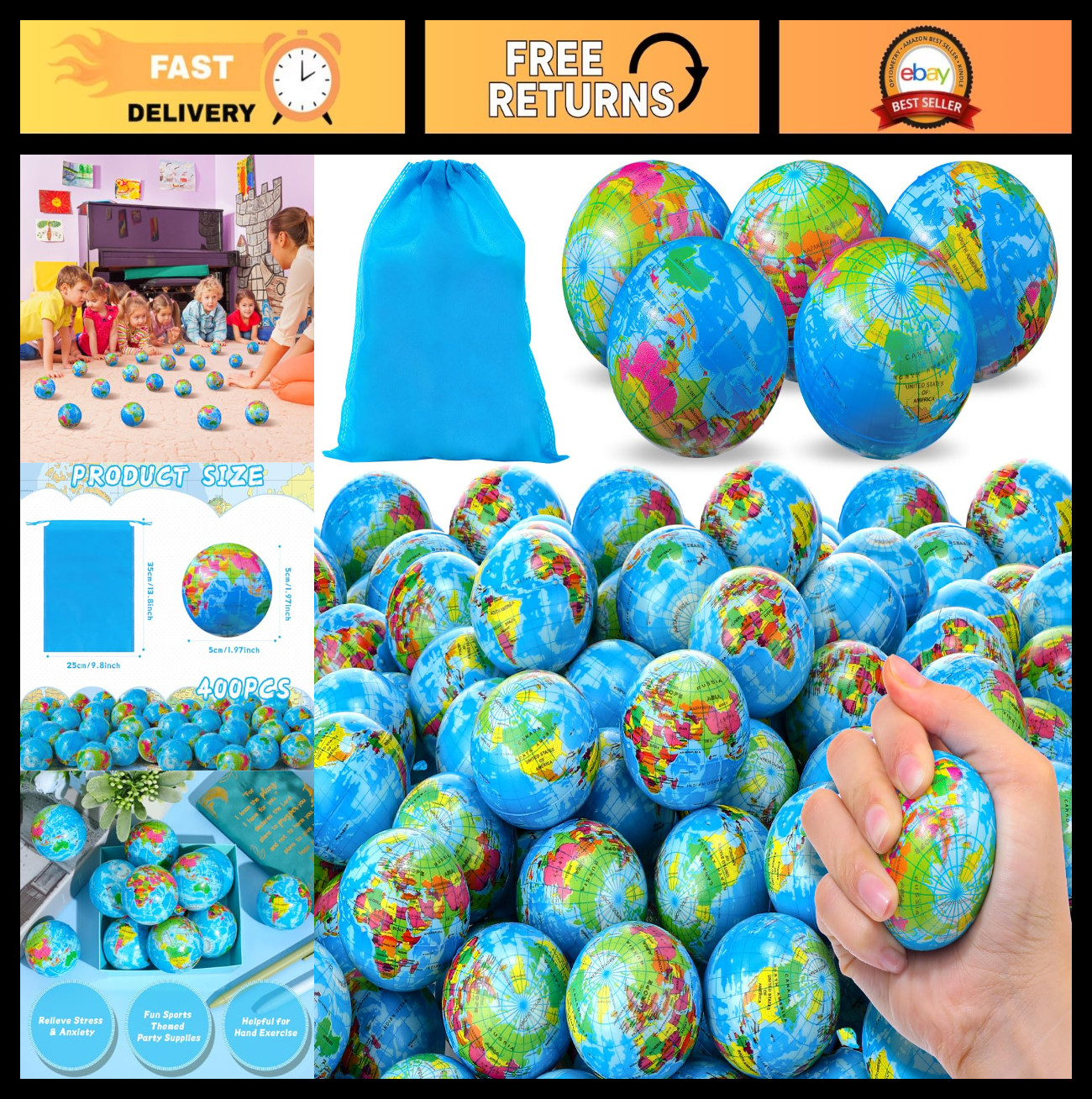 400 Pcs Mini Globe Stress Balls - 2" Earth Foam Squeeze Balls for Relief & Fun