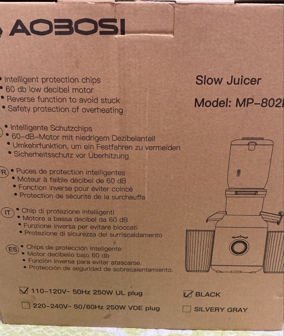 AOBOSI MP-802E Slow Juicer MP-802E Black Color 110-120v 50Hz 250W UL Plug