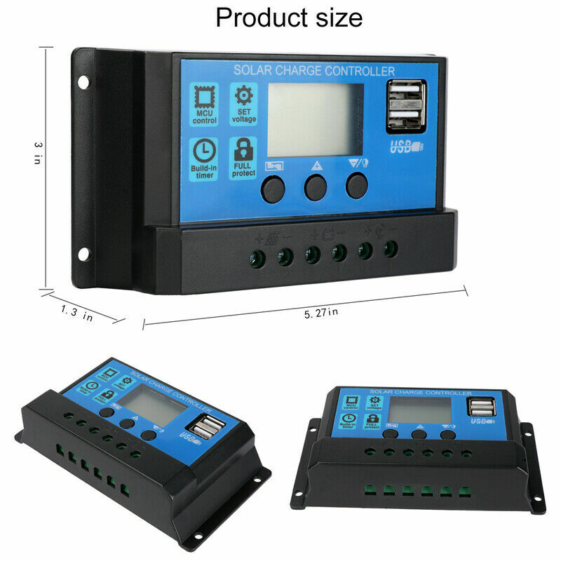 Solar Panel Battery Charge 30A 20A 10A Controller 12V/24V LCD Regulator Dual USB