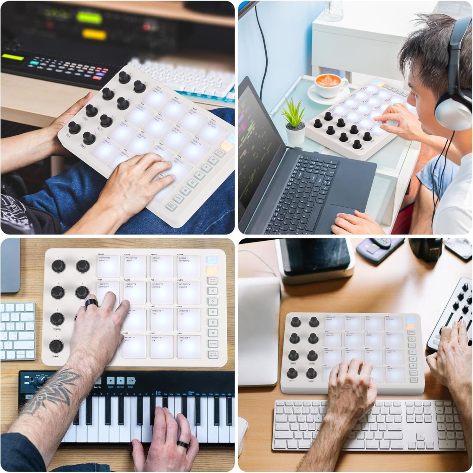 M-WAVE Midi Controller - Bluetooth USB Pad - 16 Drum Pads, 8 Knobs, Rechargeable