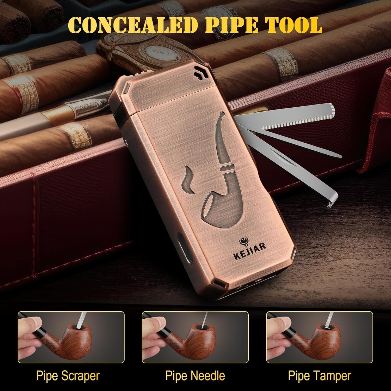 Pipe Lighter ，4 in 1 Soft Flame Lighter with Pipe Stand, 3 Collapsible Pipe Cl