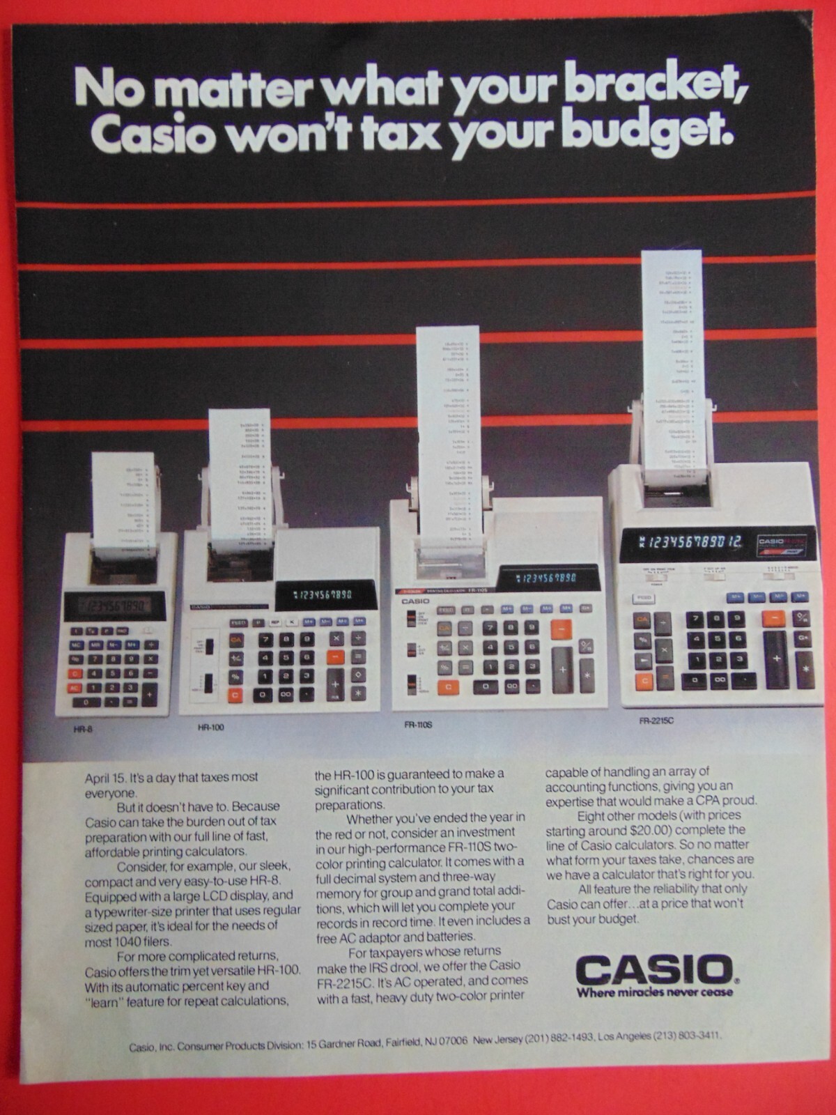 1986 CASIO Calculators Won't Tax Your Budget photo art print ad