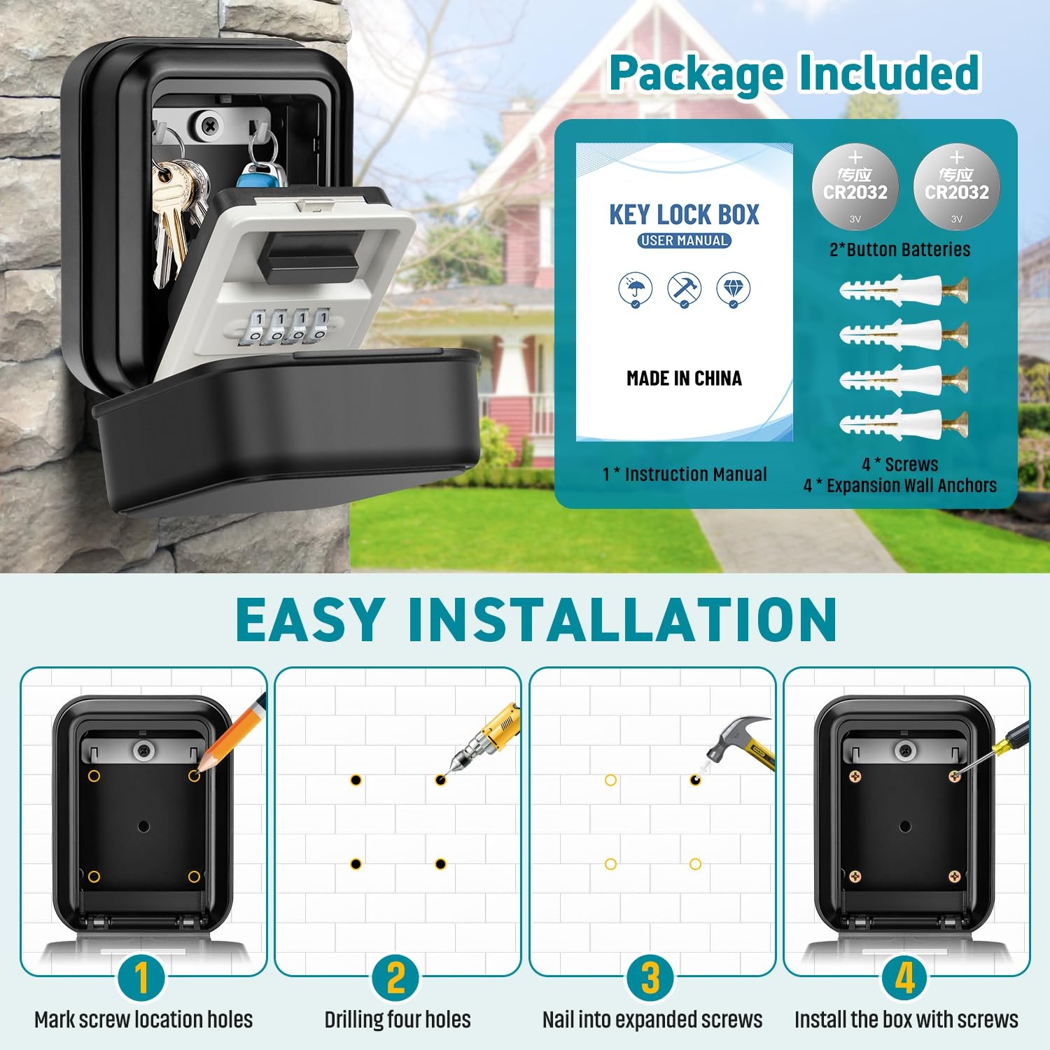 Key Lock Box, Waterproof Wall Mount, 4-Digit Code, Auto-Illuminating | Secure