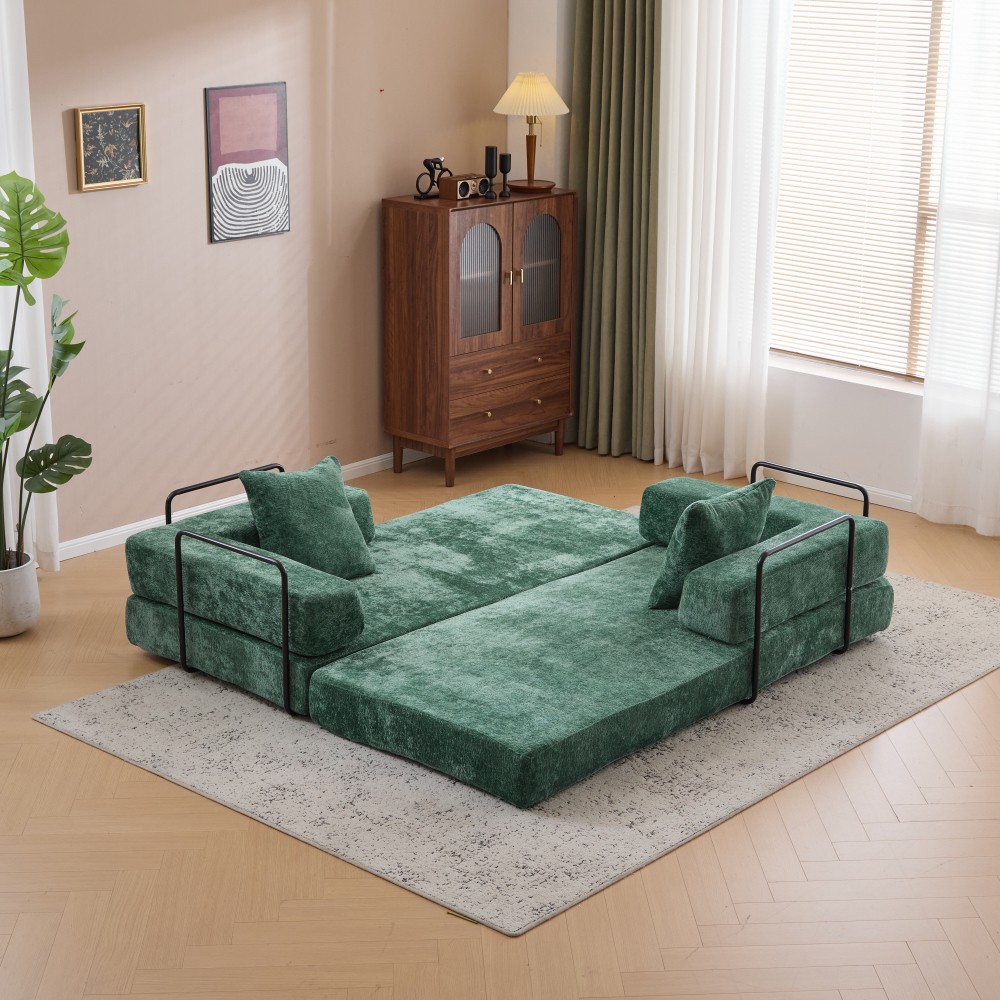 Memory Foam Foldable Sofa Bed 3-Seat Futon for Living Room, Dark Green Chenille