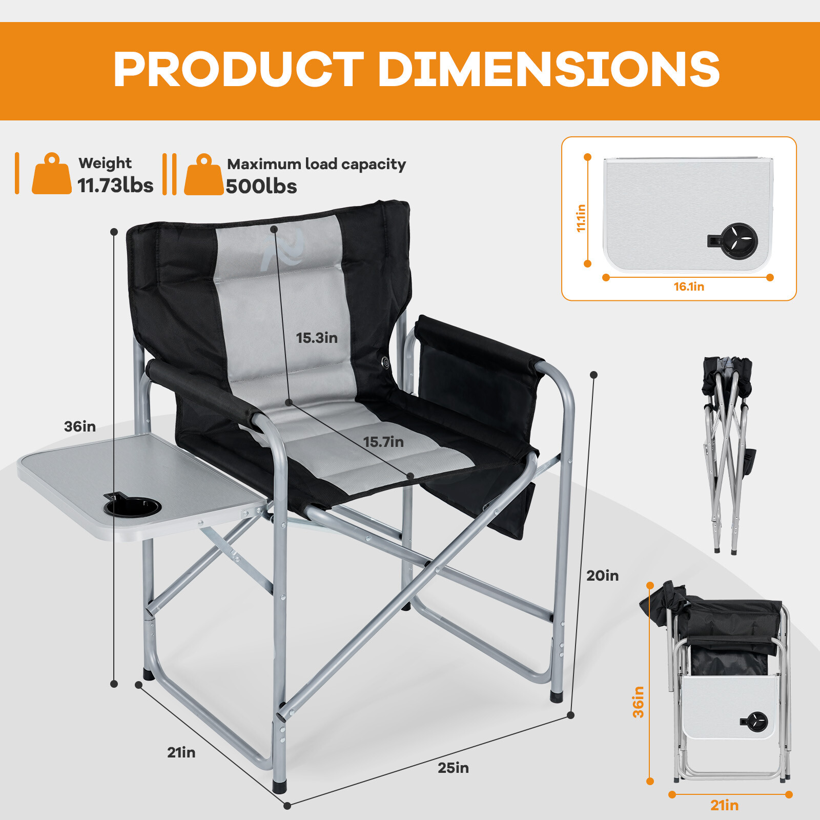NAIZEA 36" Tall Folding Director Camping Chair with Side Table Oversized 500 lb