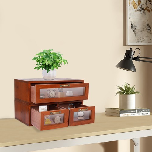 Tabletop Storage Organization Box w/ 3 Drawers for Office Vintage Desk Organizer