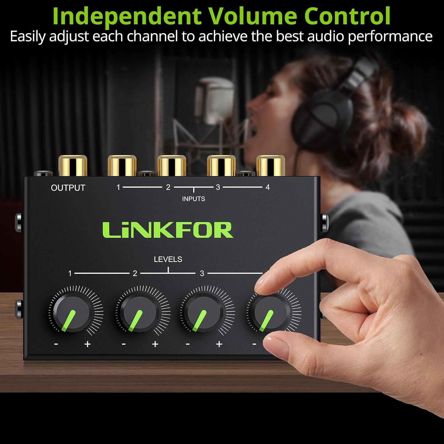 4 Channel Stereo Audio Mixer Mini Passive RCA Input Output with Volume Control