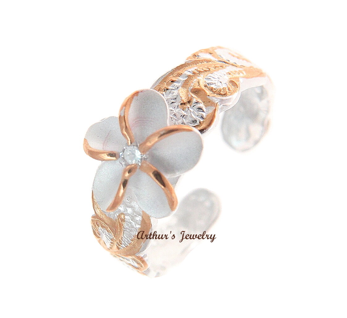 925 STERLING SILVER 2 TONE ROSE 8MM HAWAIIAN PLUMERIA FLOWER SCROLL TOE RING CZ