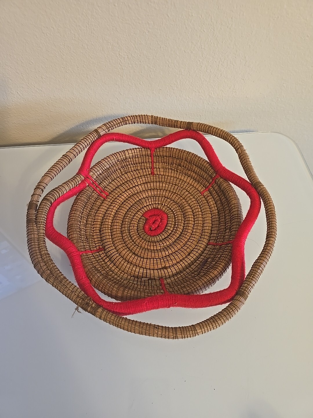 Pine Needle Basket Five-Sided Brown With Red Trim 12"