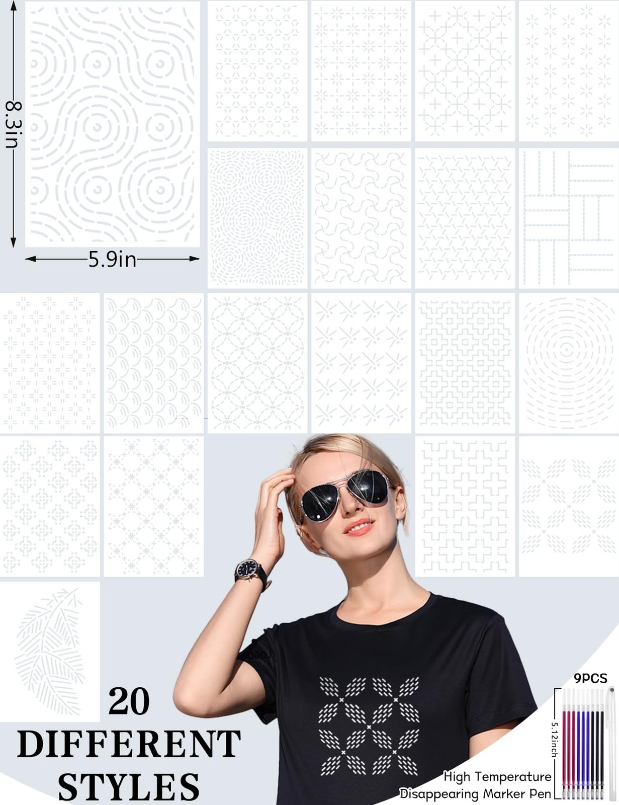 20 Pcs Sashiko Stencils 8.3 x 5.9 Inch Plastic Sashiko Template Pattern Geome...