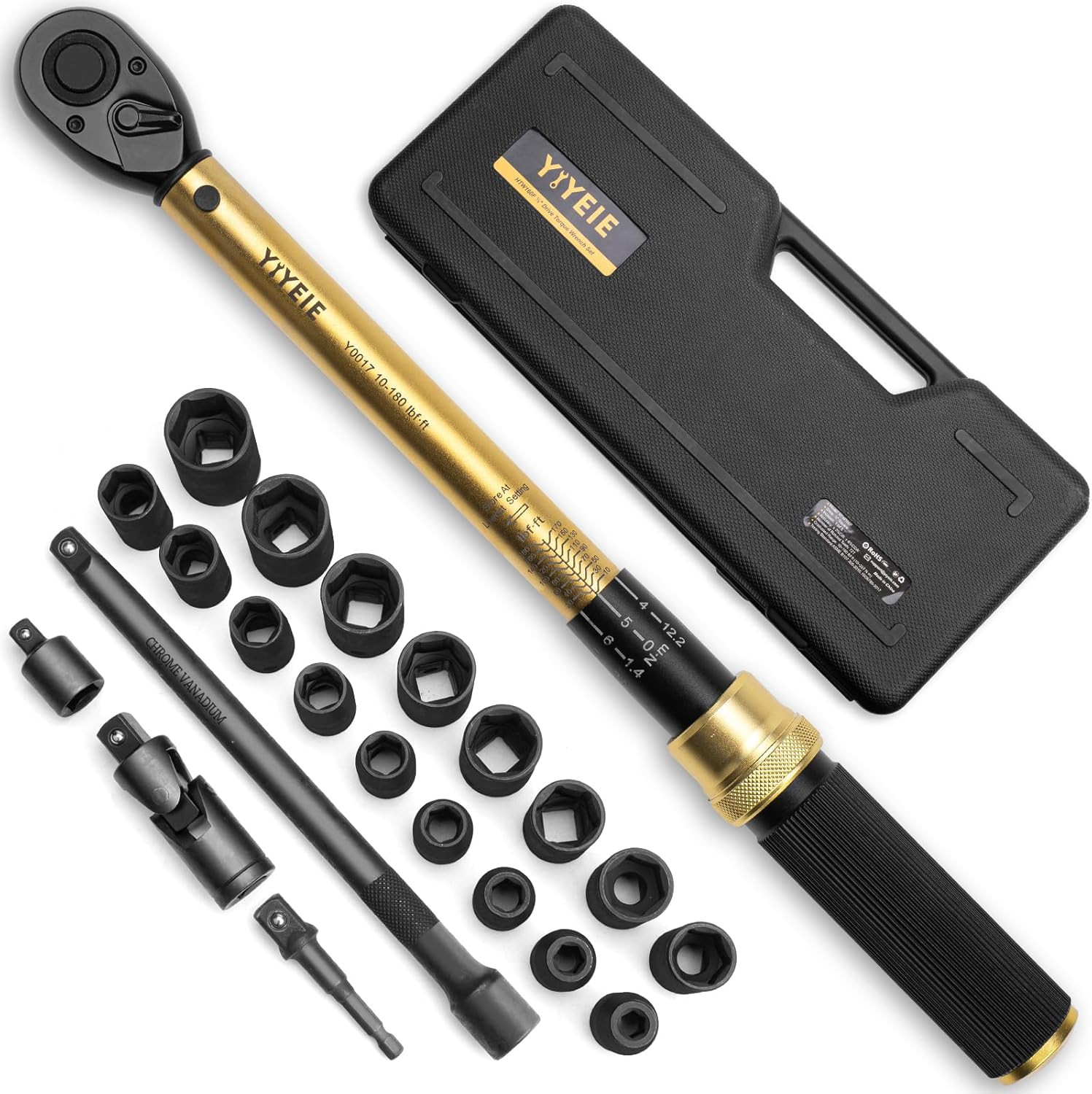 22PCS Torque Wrench Set 1/2" Drive, 10-180 Ft.Lb/13.6-244.1 Nm, Click Torque Wre