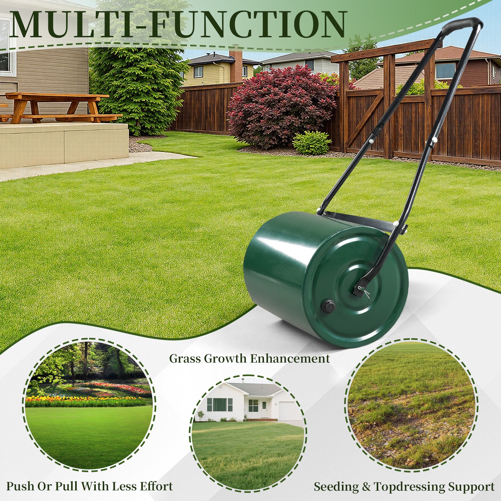 24in Heavy Duty Steel Lawn Roller, Garden Roller Filled with U-shaped Handle