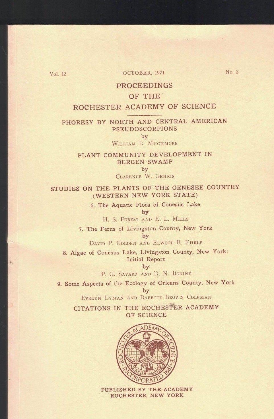Proceedings of Rochester Academy of Science October 1971 Bergen Swamp