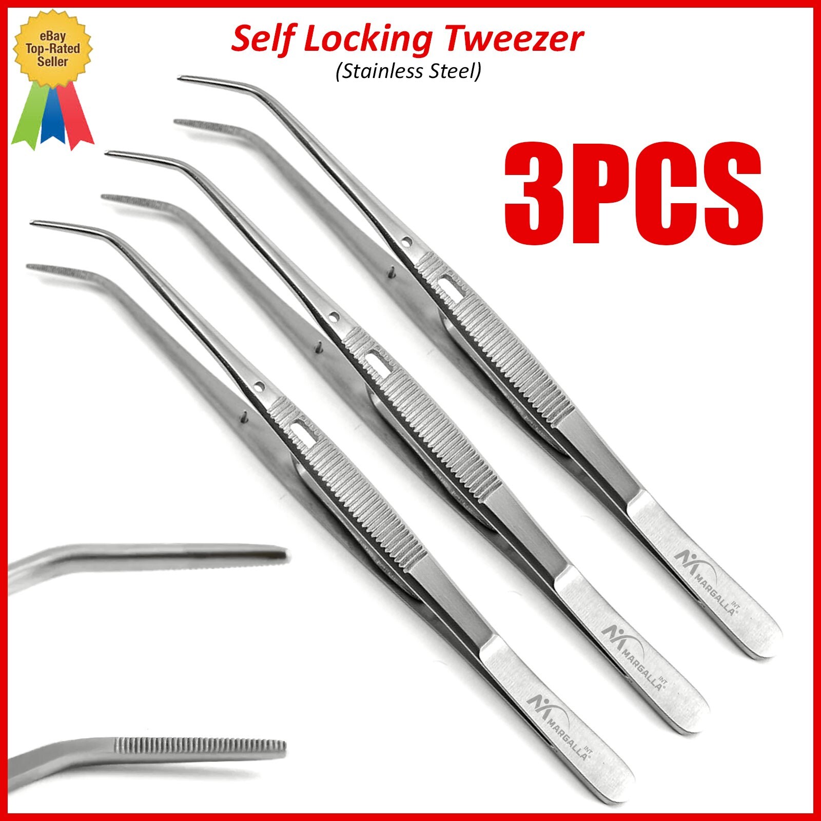 Set of 3 Dental Surgical Locking Tweezers Self Lock Cotton Dressing Forceps
