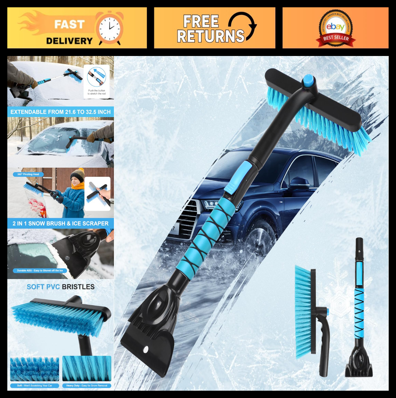 2-in-1 Extendable Snow Brush & Ice Scraper for Car Windshield, 33" Heavy Duty Sn