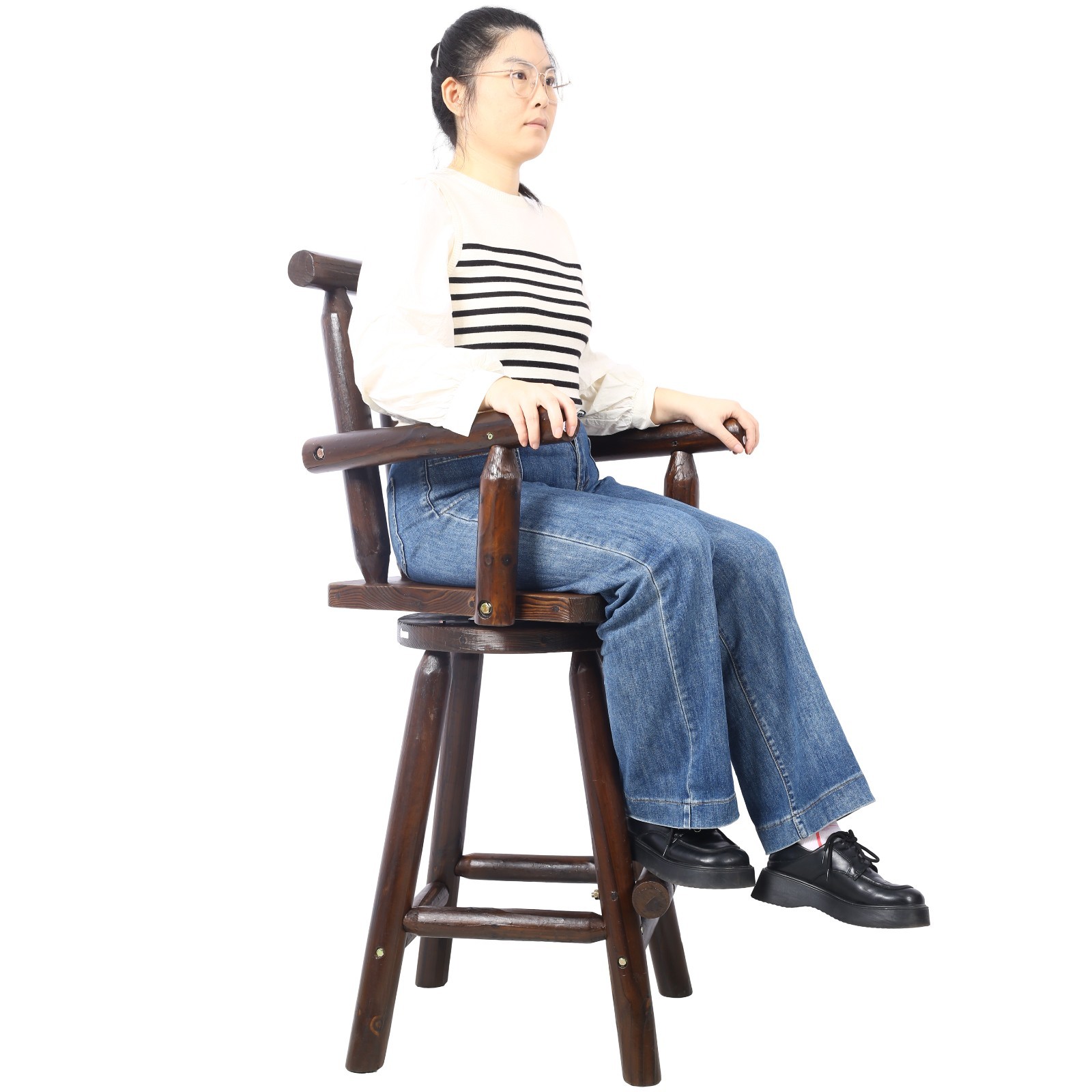 Rustic Fir Wood Bar Stool with Footrest & Wide Armrest, Brown