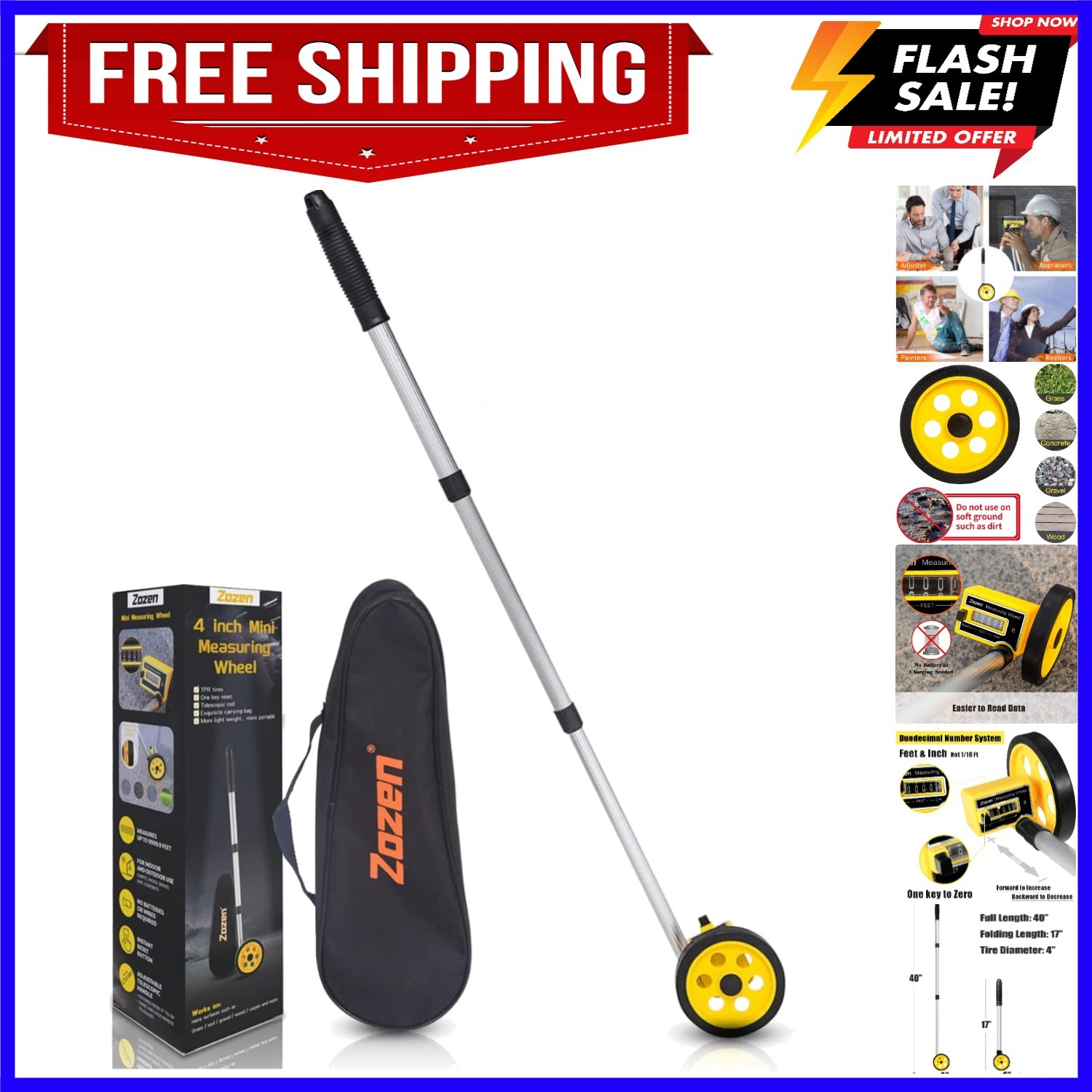 Measuring Wheel in Feet and Inches, Scalable Length 40in, 4-inch Measure Whee...