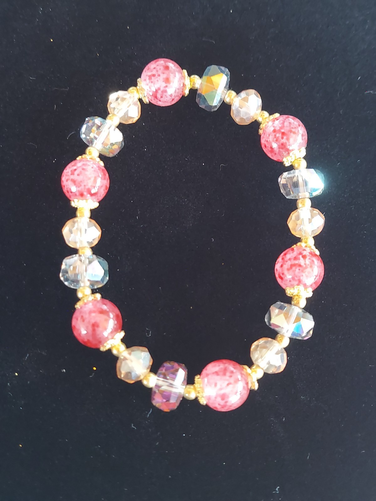 Handcrafted Beautiful Rose Colored Natural Stone & Crystal Beaded Bracelet