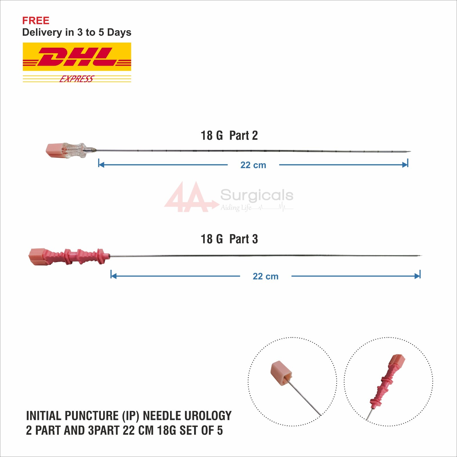 4A Initial Puncture (IP) Needle Urology 2part and 3part 22 cm 18G I Set of 5)
