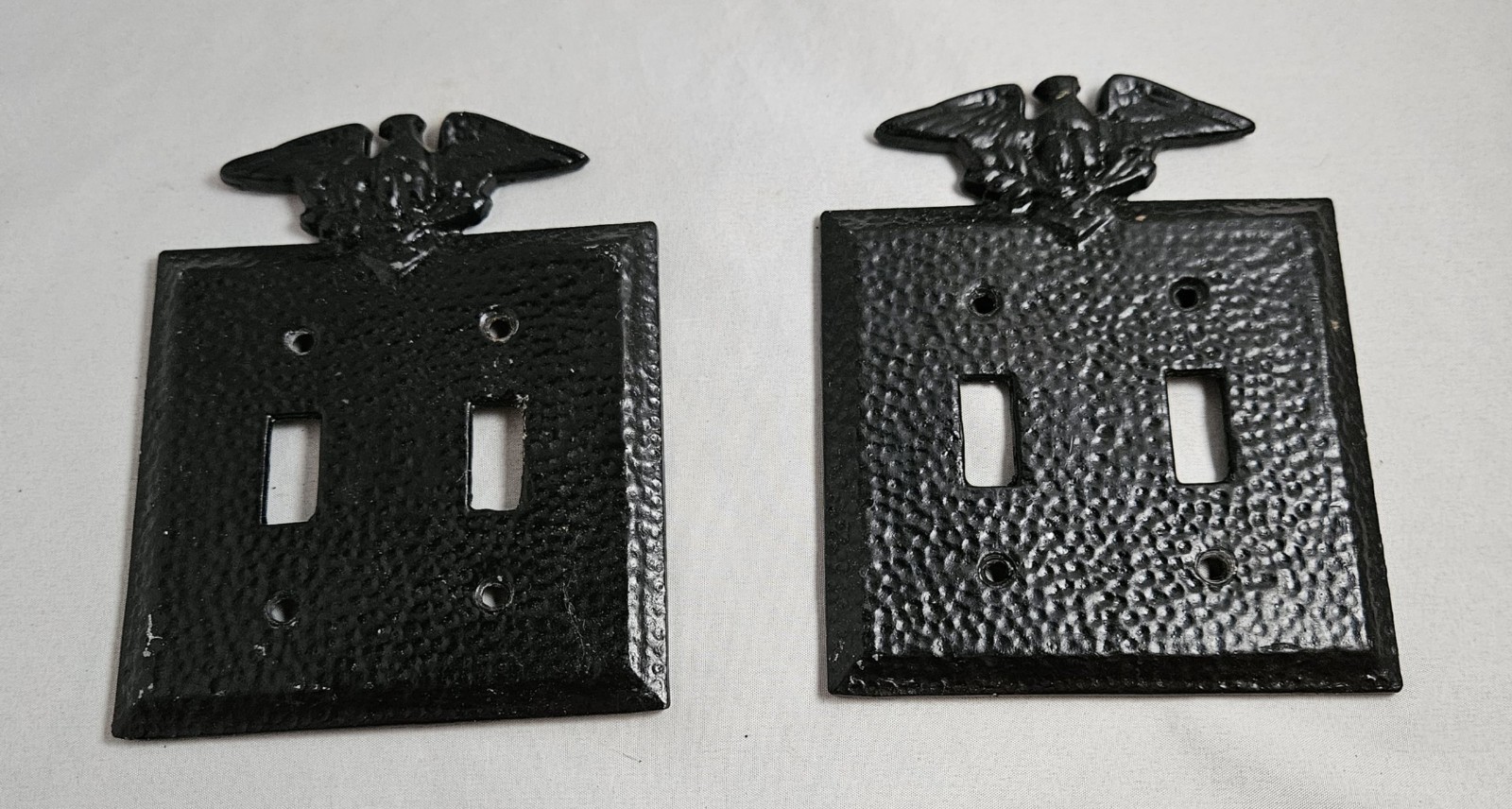 Two Vintage Edmar MCM Hammered Metal Eagle Double Light Switch Plate Cover Black