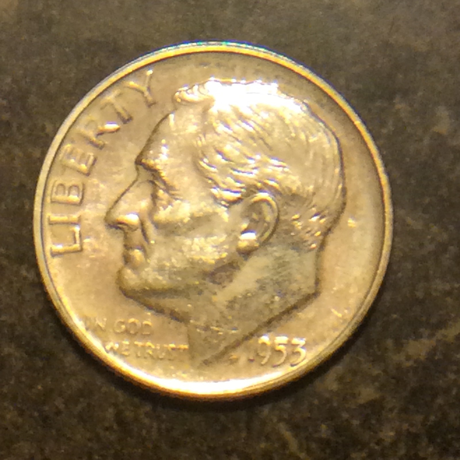 1953 ROOSEVELT DIME PROOF OBVERSE TONING  SILVER A-12 FREE SHIPPING
