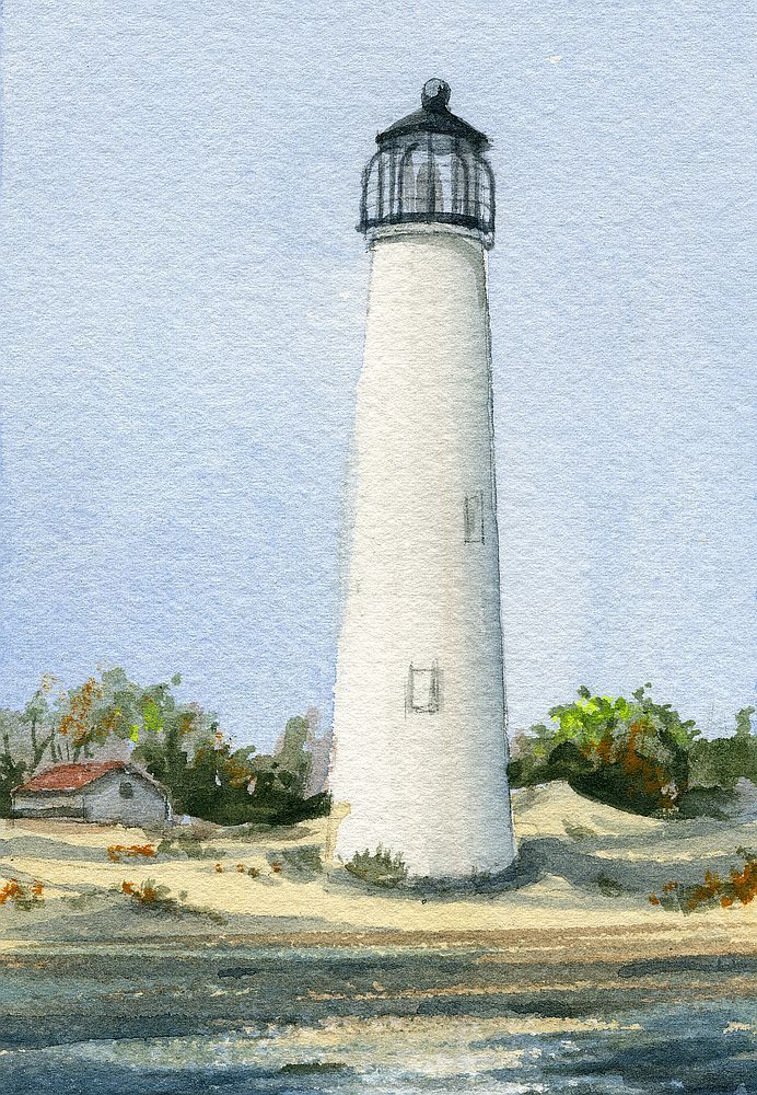 Cape St. George Lighthouse, Florida Beach View. Gerald Hill Watercolor Notecards