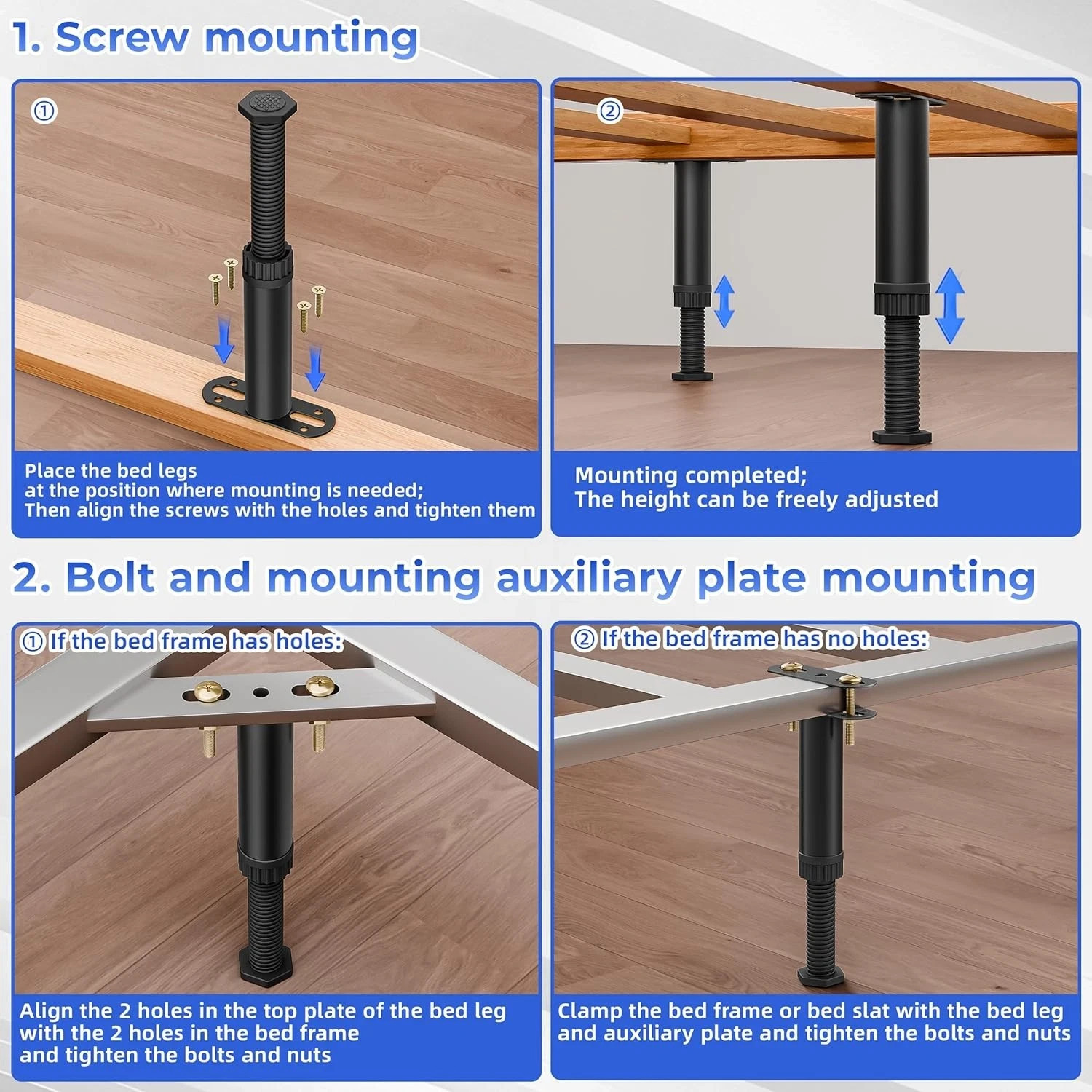 6 Pcs Adjustable Height Bed Support Legs 7.08-12.5 inch w/Locking Ring