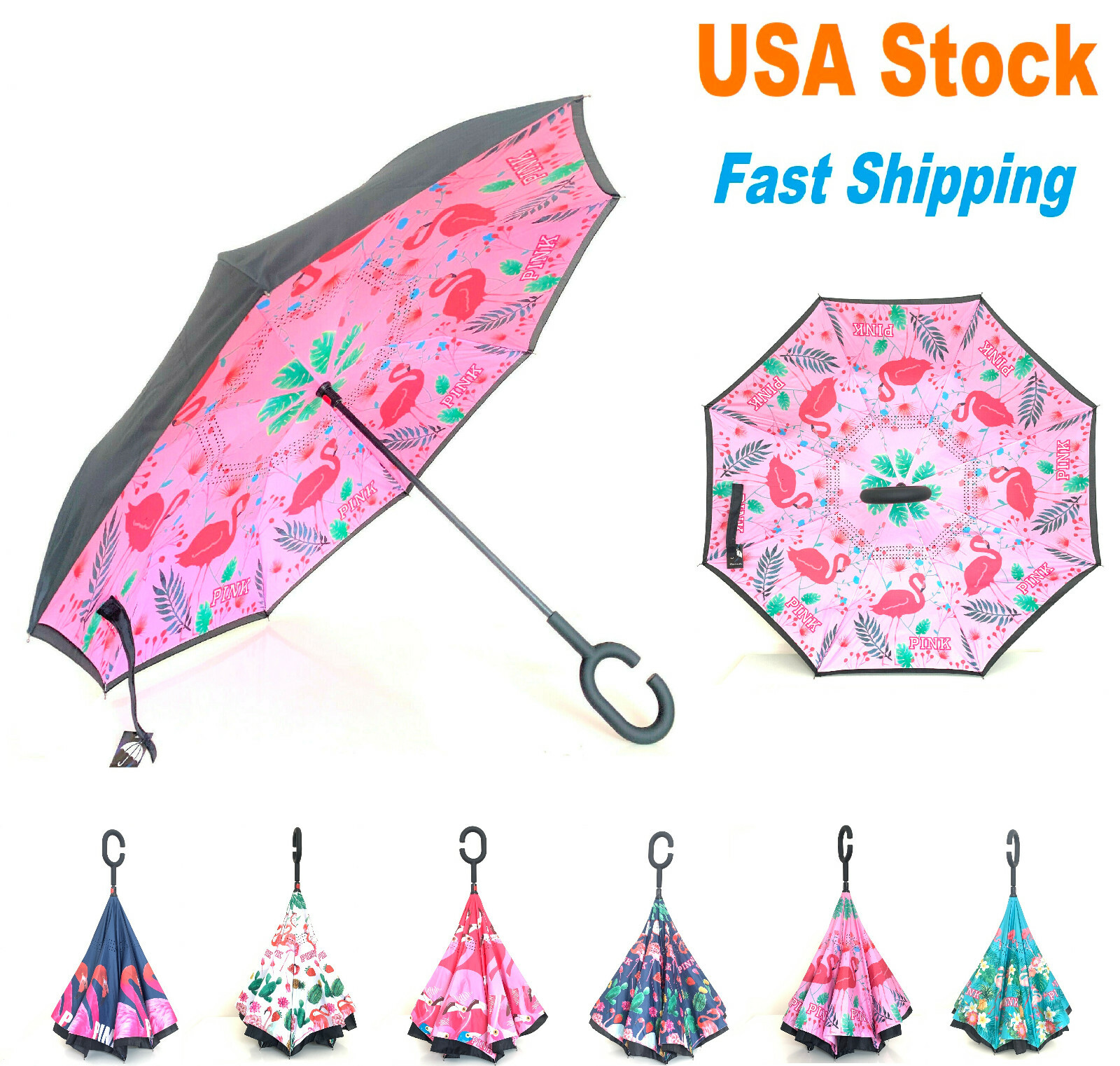 C-Handle Inverted Reverse Umbrella, Flamingo print, Inside-out, Upside-down