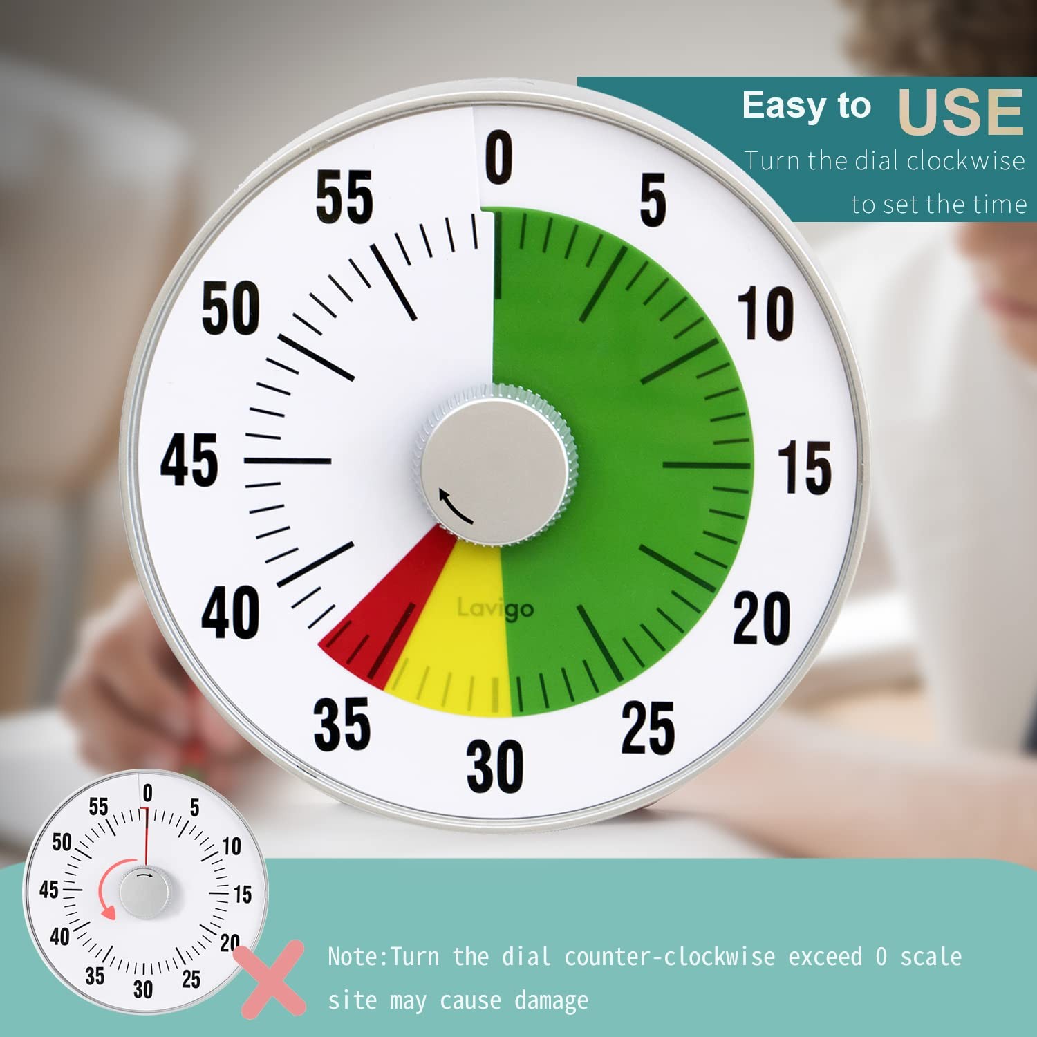 Lavigo Kitchen Timer, Countdown Visual Analog Timer, Quiet Counting, Low Loud