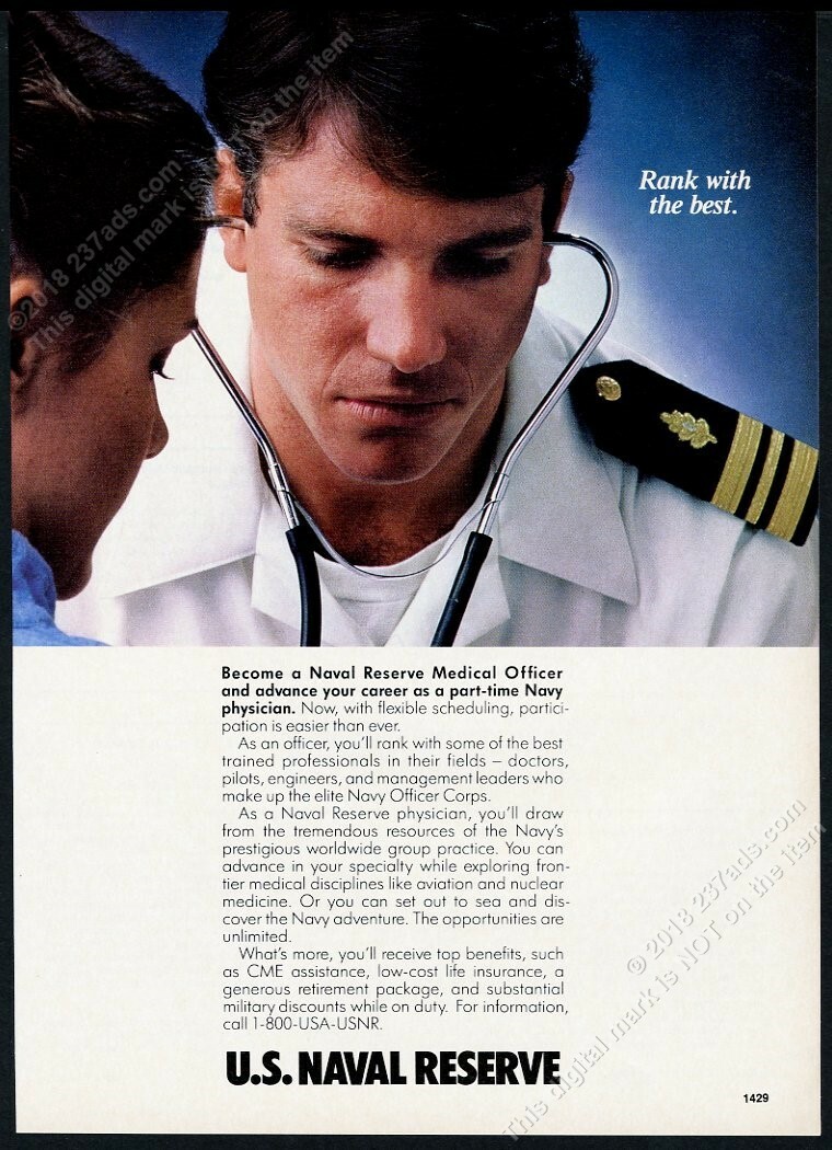 1989 US Navy Naval Reserve doctor photo medical officer recruiting print ad