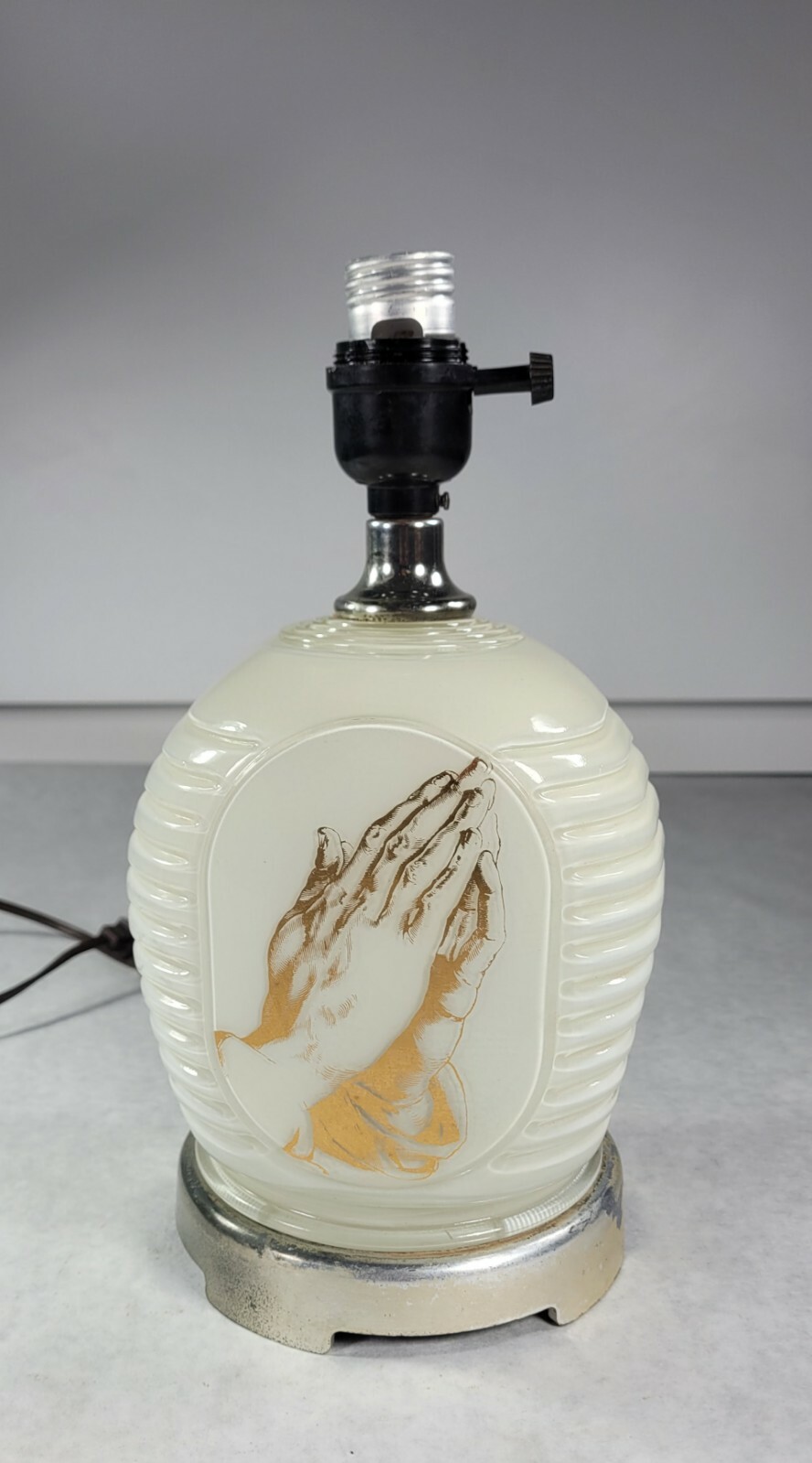Vintage Lamp Glass White Gold Praying Hands Double Light Religious Works MCM