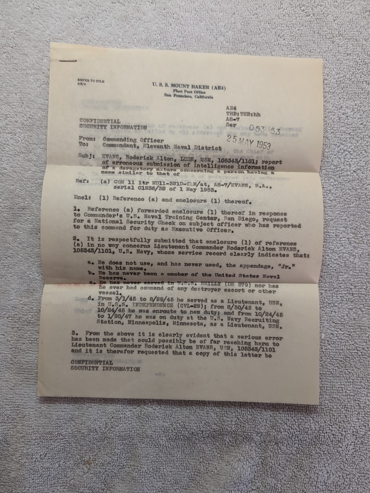 USS Mount Baker AE4 Letterhead 1953 Letter 1950s Theodore Brittan