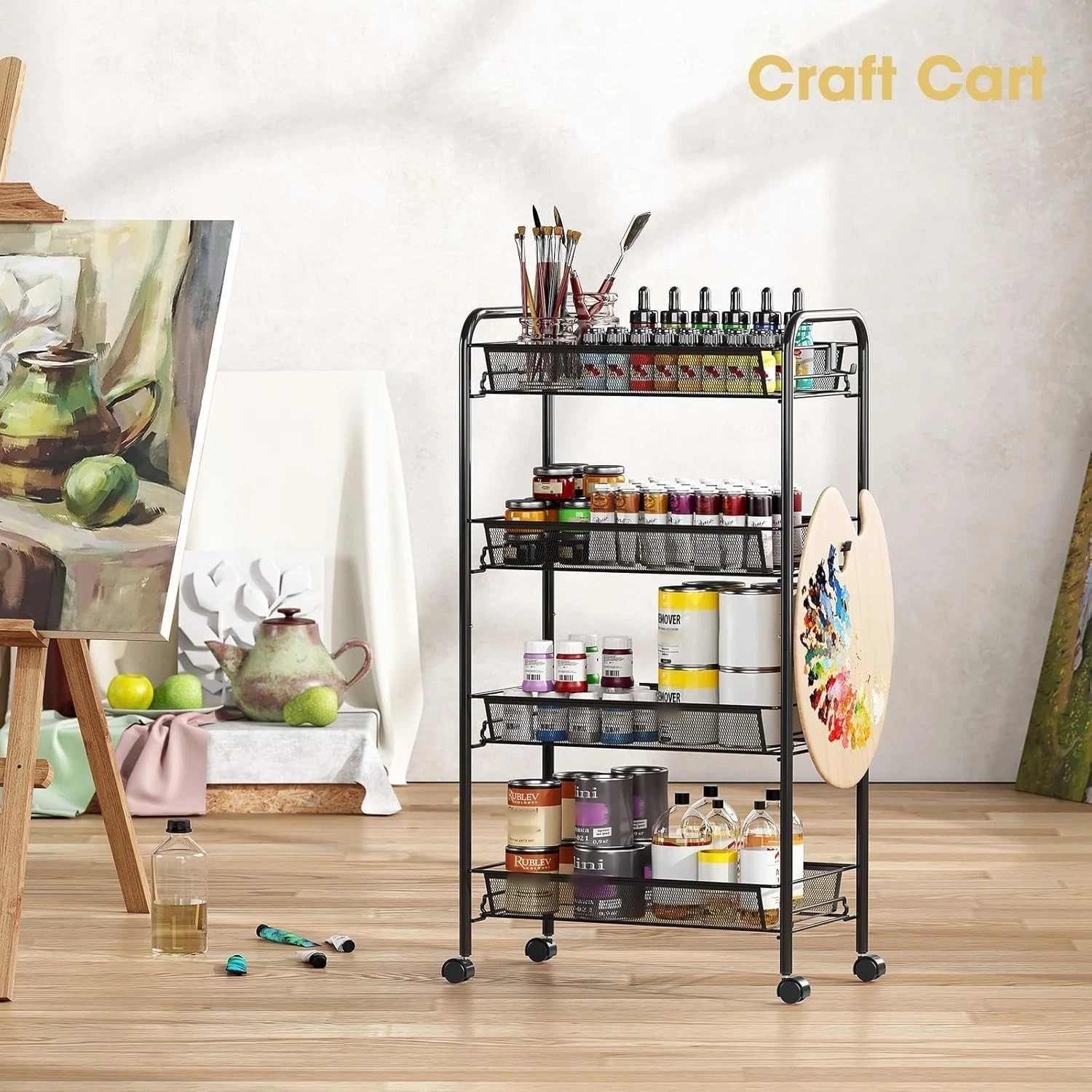 Compact 4-Tier Metal Utility Cart with 3 Hooks – Effortless Assembly & Mobility