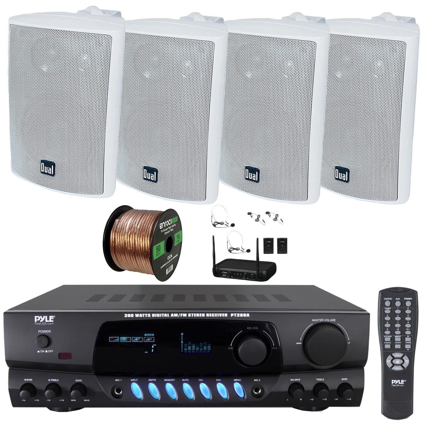 Pyle PT260A AM/FM Audio Display Receiver, 4x 4" 200W 3-Way Speakers, Mic System