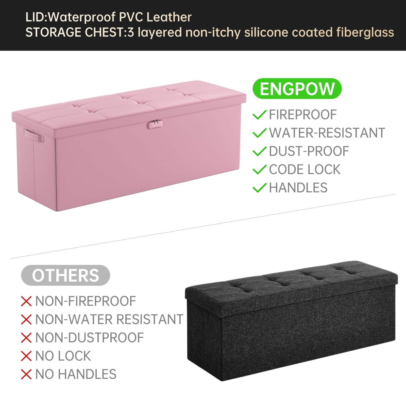 Storage Ottoman, Fireproof Folding Bench with Lock(15”x 43”x15”), Water-Resis...