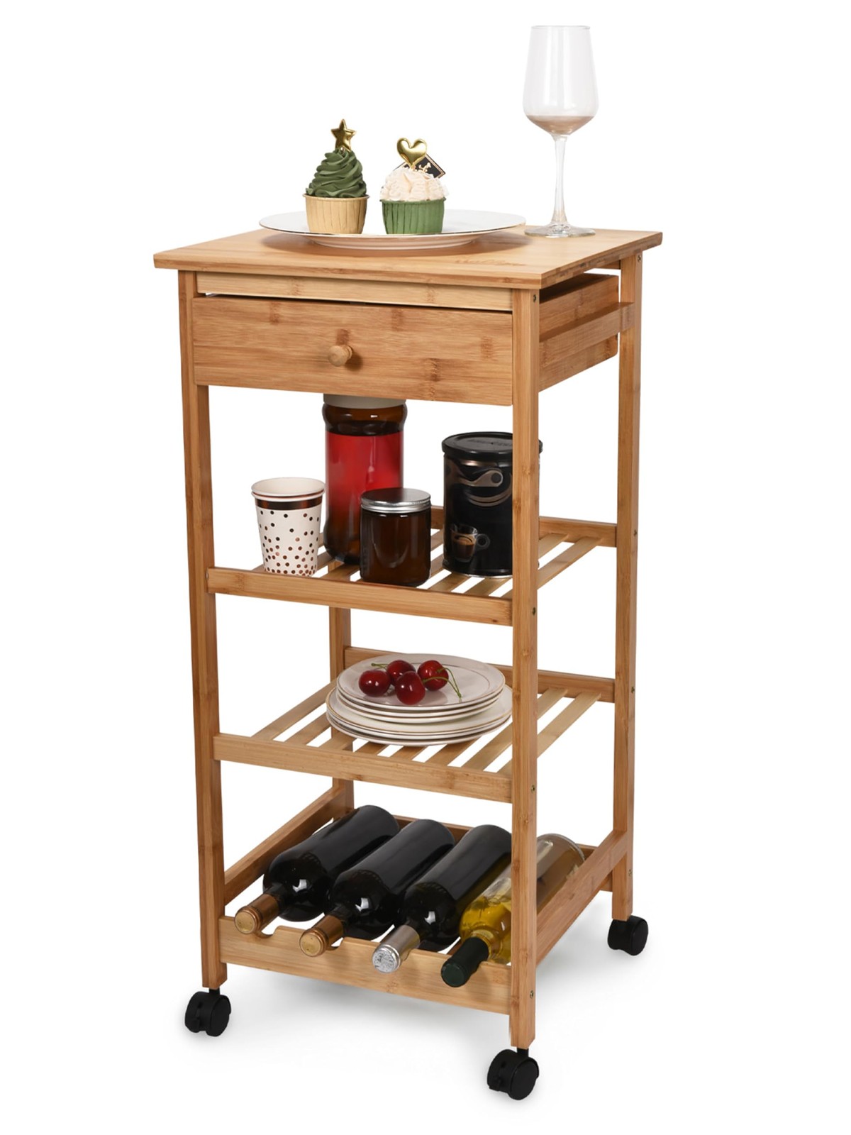 Kitchen Cart with Drawer and Basket - Brown Kitchen Cart Island for Small Spa...