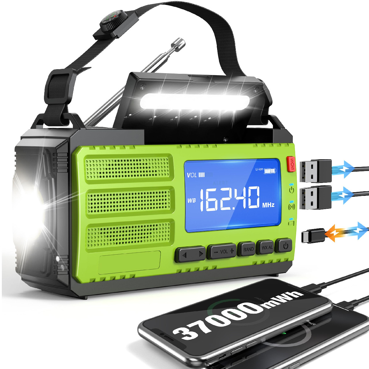 10000wAh/37000mWh Hand Crank Emergency Radio, AM FM NOAA Weather Alert Radio, Po