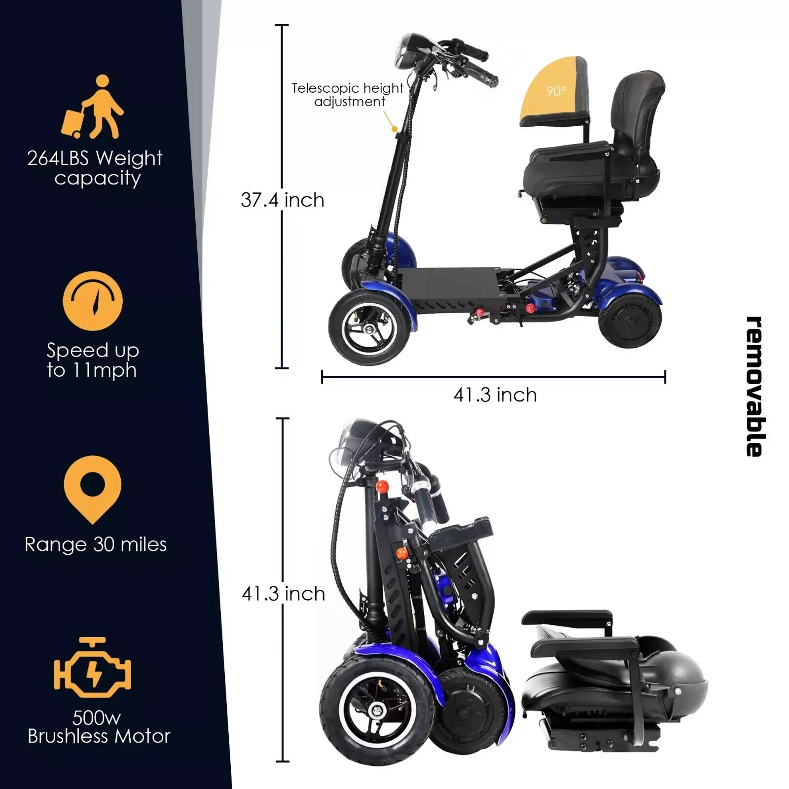 Foldable 4 Wheel Mobility Scooter Folding Drive Device for Seniors Adults 500W