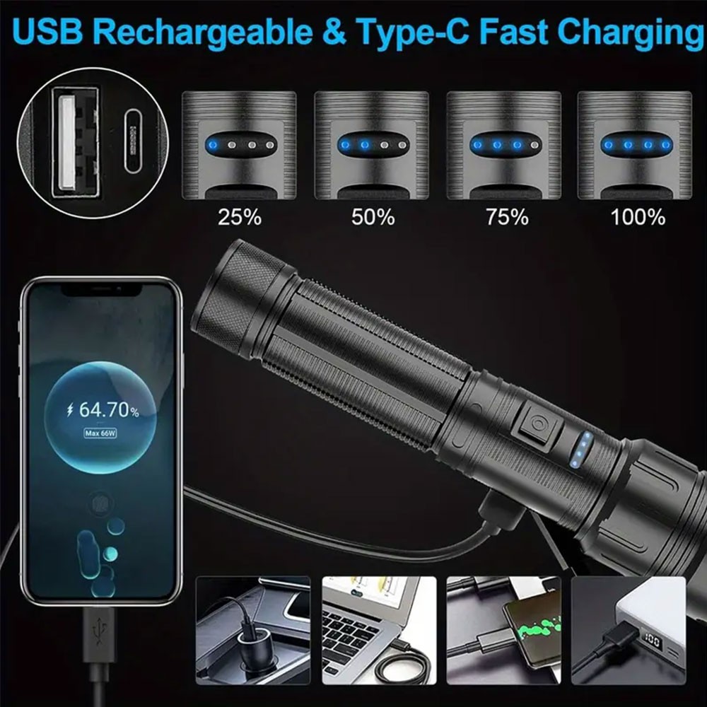 2Pack Super Bright LED Flashlight Zoomable USB Rechargeable COB Light Torch