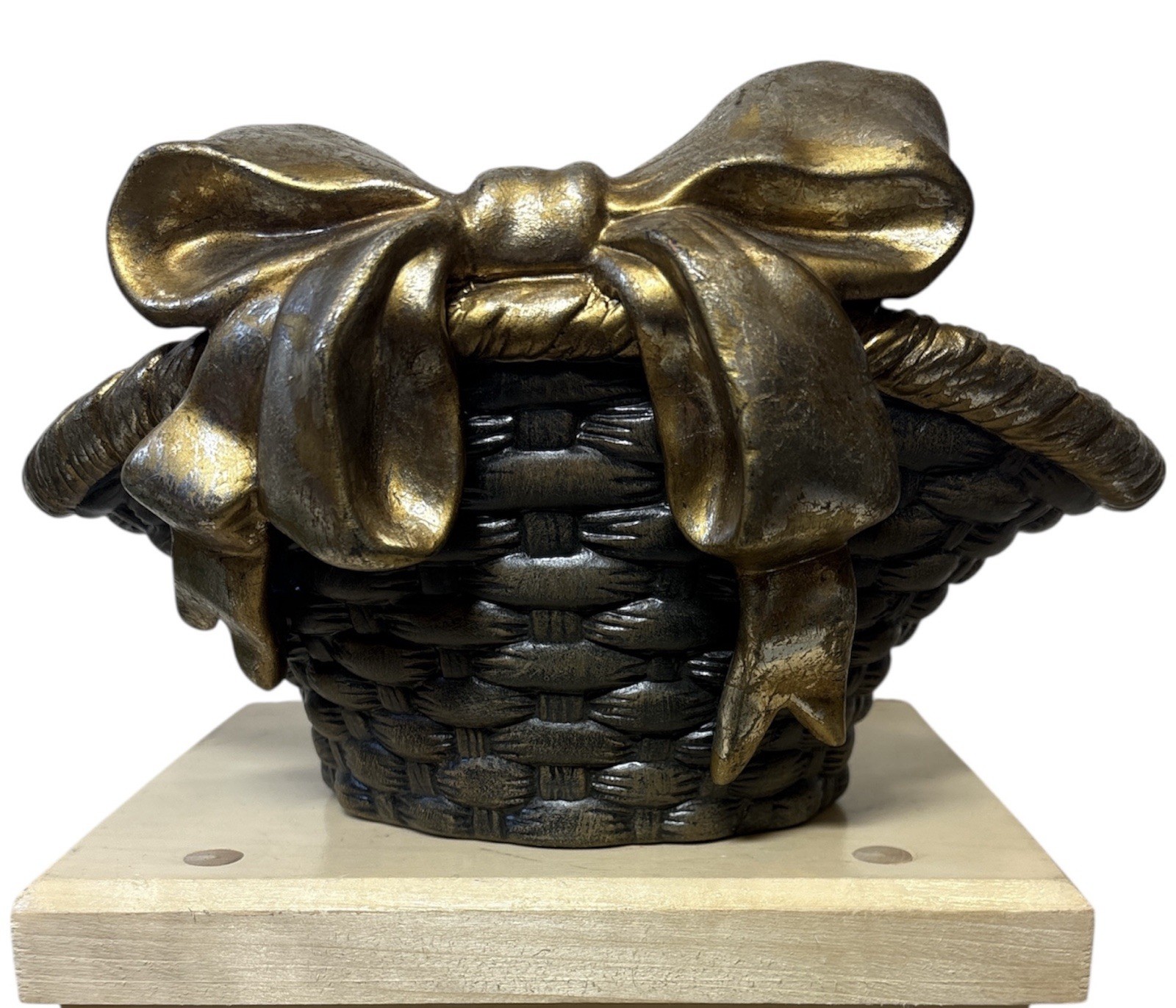 Vintage Pacific Rim Basket Metal Brown Gold Trim Painted with Bow 8 Inch Length