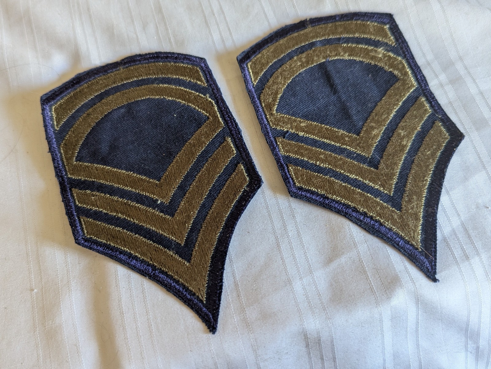 WWII US Army Staff Sergeant (E-6) pair shoulder embroidered patches 5" long blue