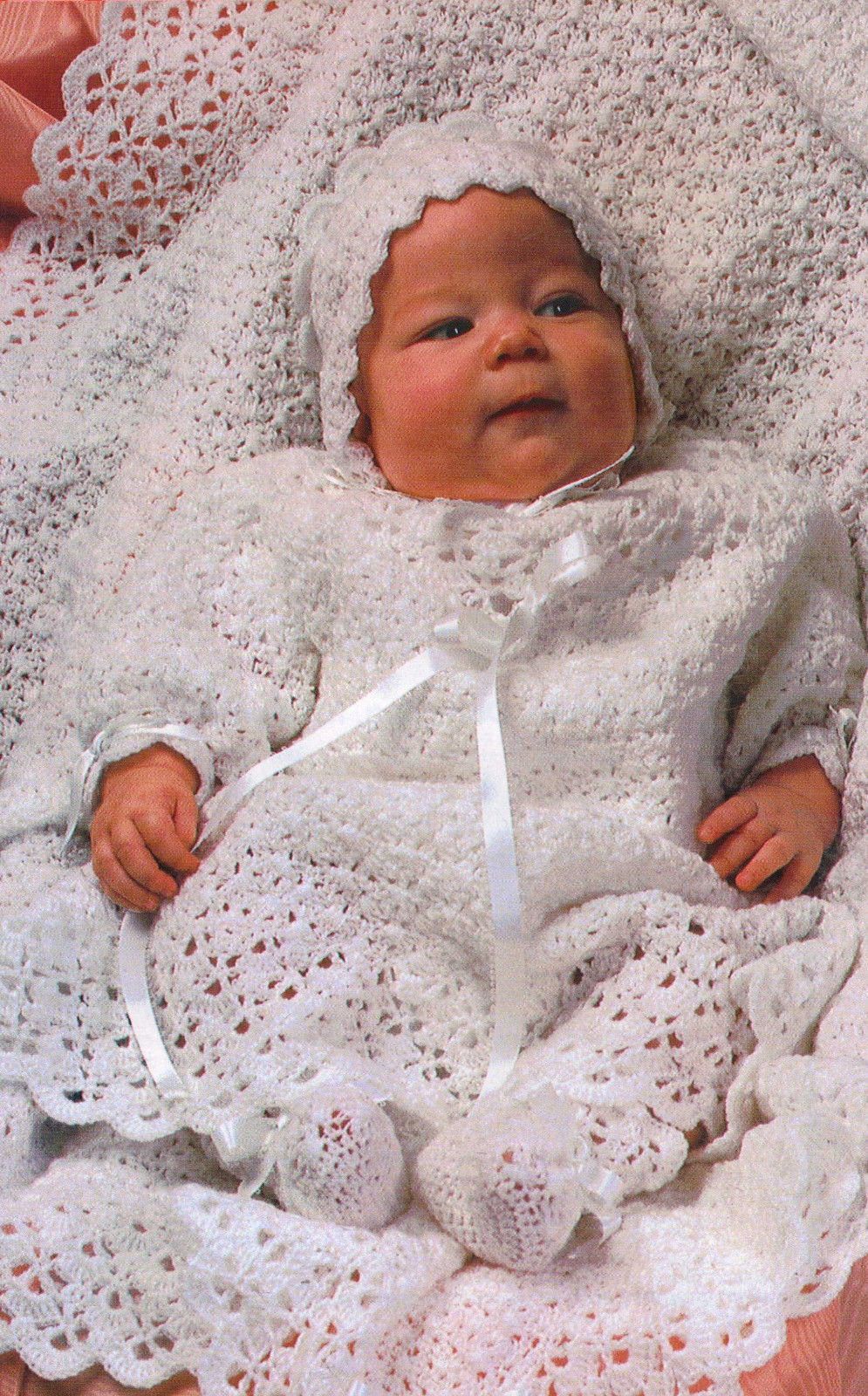 First Portrait lovely layette pattern to crochet: shawl, gown, bonnet, booties.